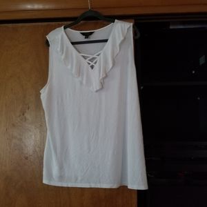 White tank top with X cross and ruffle chest.